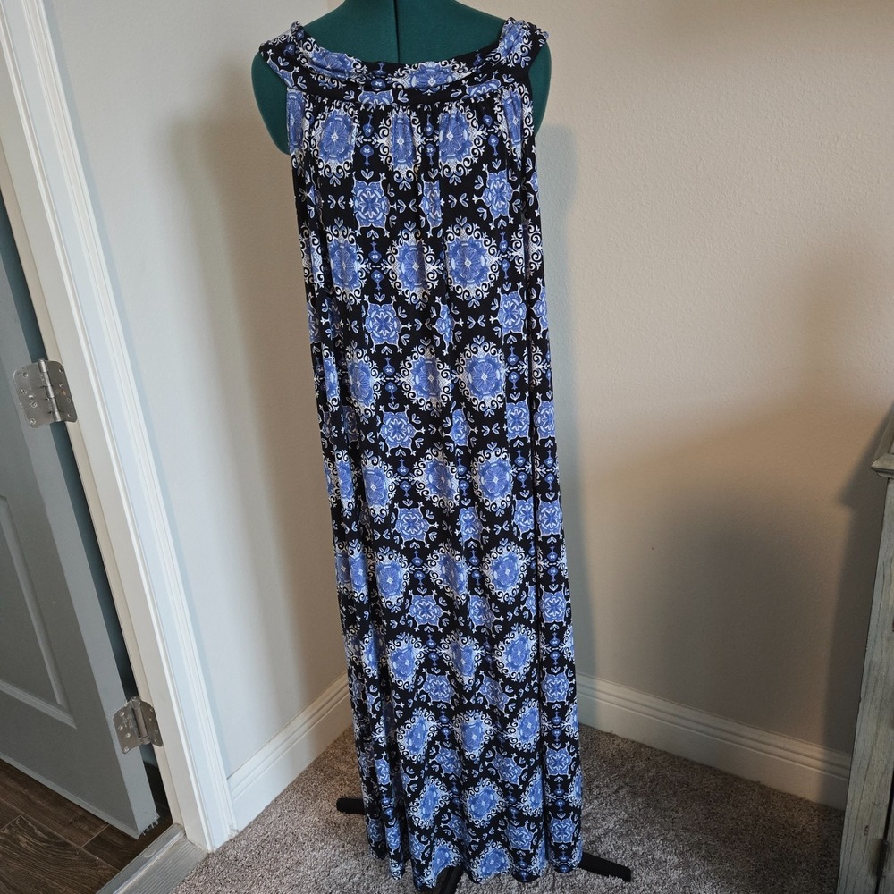LOFT Maxi Dress Womens Medium Blue Black Off Shoulder Geometric Belted